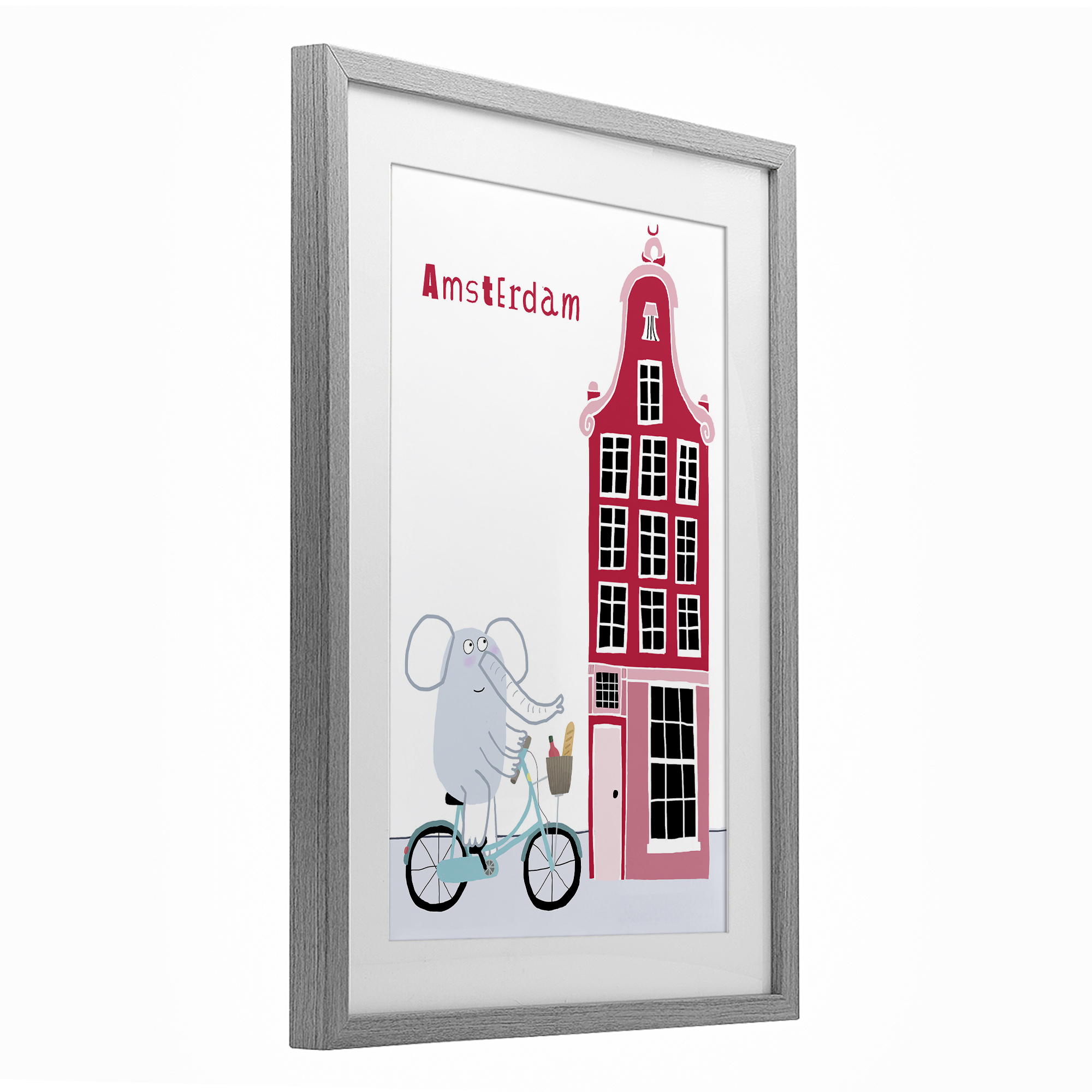 Elephant & Amsterdam Building Gray Framed Print Under Glass, design by Carla Daly