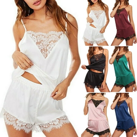 

Womens Sexy Solid Silk Pajama Set Spaghetti Strap V Neck Cami and Shorts Set