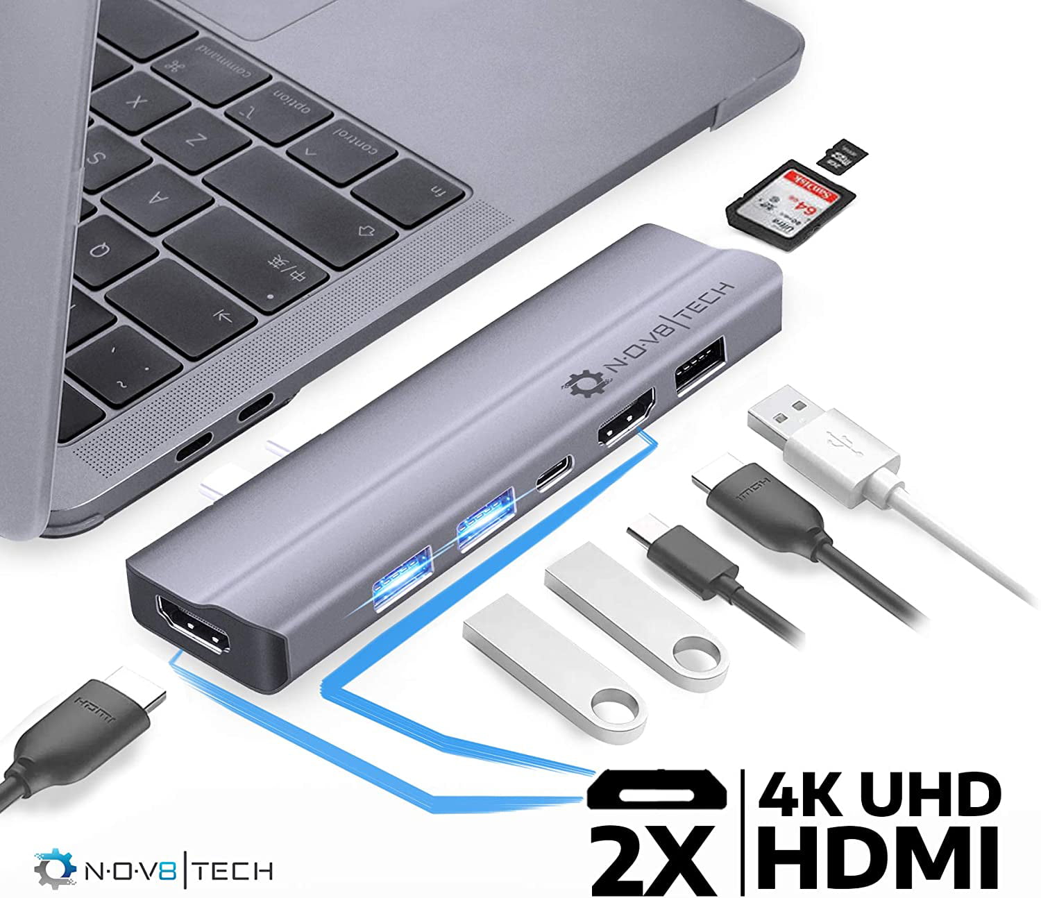 SD/Micro SD 7-in-2 Slim Type C Adapter with 4K HDMI 2X USB 2.0 USB C 100W PD Power Delivery Charger USB 3.0 NOV8Tech USB C Hub for MacBook Air 2020/2019/2018 7-in-1 Gold