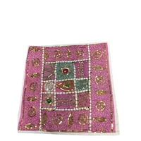 Mogul Indian Pillow Case Zari Embroidery Sequin Patchwork Cotton Pink Cushion Sham 16x16