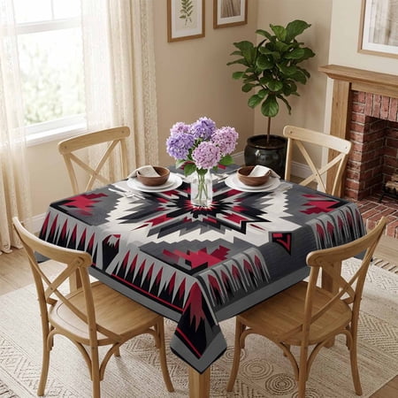 Bohemian Red Gray Geometric Square Tablecloth 54x54 Inch Ethnic Vintage Waterproof Polyester Tablecloth for Dining Table, Washable Table Cover for Kitchen Dining Room Wedding,Stain Resistant