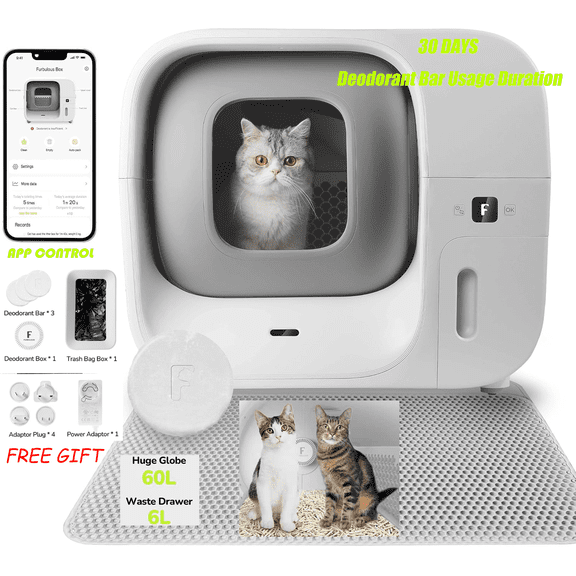 FURBULOUS Automatic Self-Cleaning and Self-Packing Cat Litter Box, 7 safety sensors, Refill System, APP Control, Auto-Pack & Seal Cat Litter Box, White