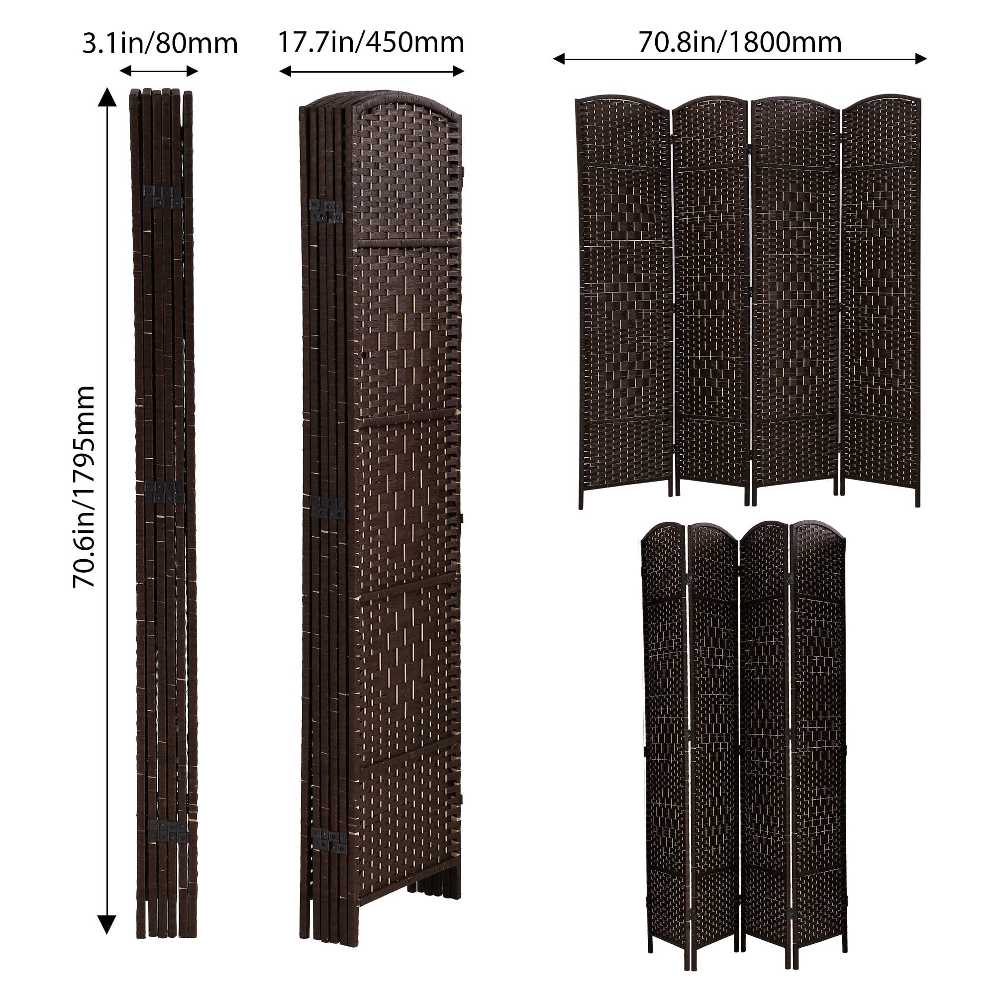 CL.HPAHKL 4 Panel Room Divider, 6 ft Tall Folding Privacy Screen Indoor Room Separators Divider Wall with Double Hinged Panels Portable Partition Wall Divider for Home Office Bedroom, Brown