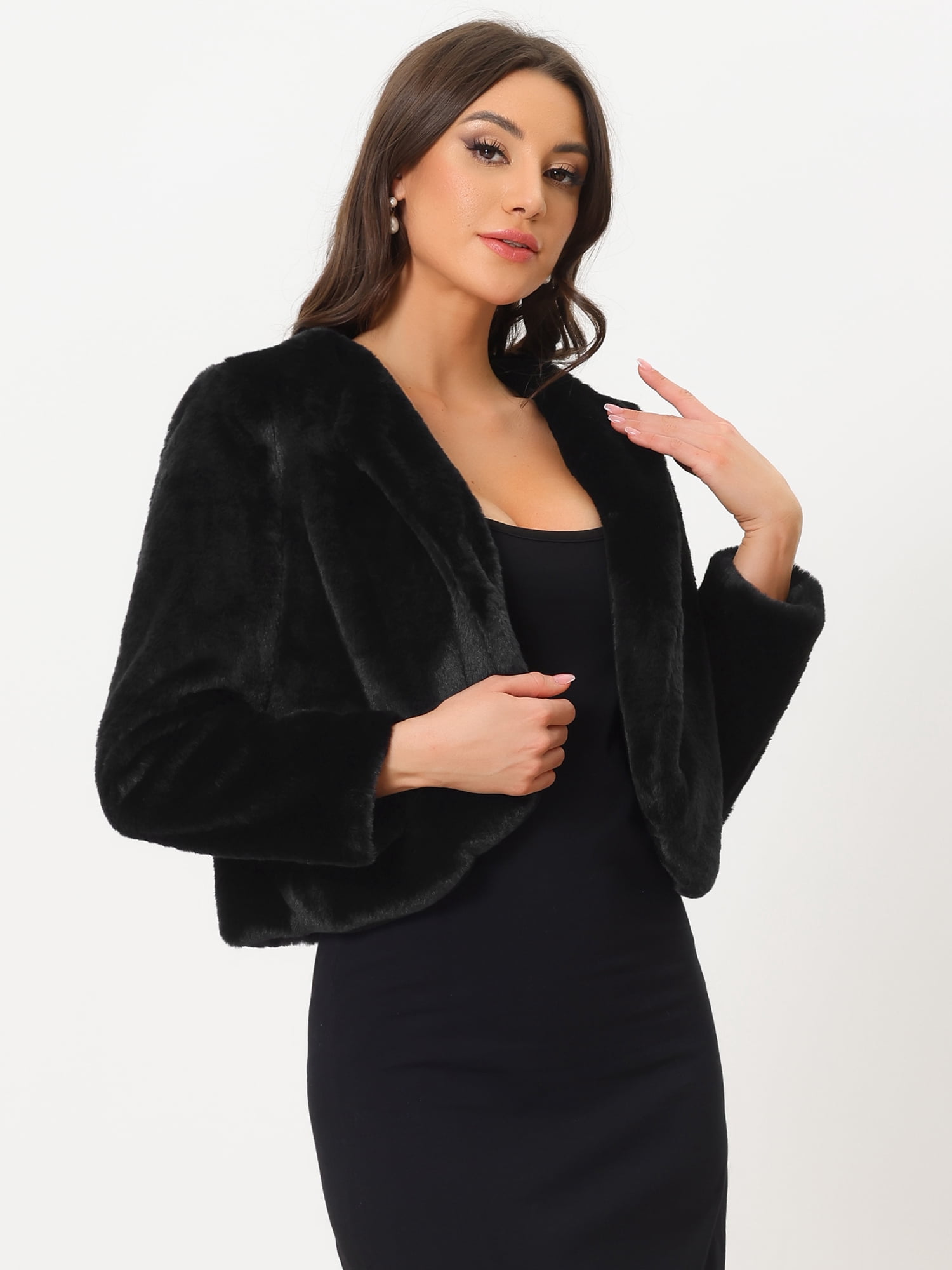 DARING DIVA Women's Formal Bolero Shrug Cropped Faux Fur Jacket M Black