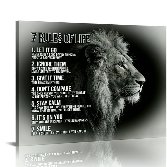 Hidden Frame Canvas Wall Art - Black & White Lion "7 Rules of Life" Inspirational Popular Wall Decor for Living Room & Study 16x12in