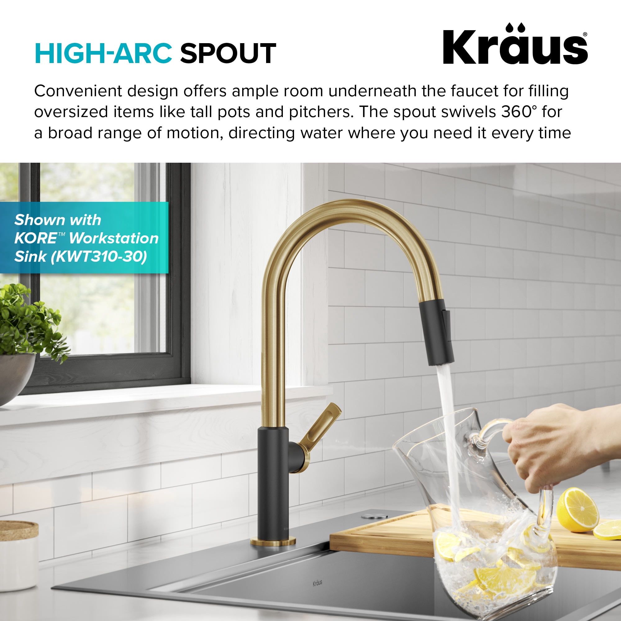 KRAUS Oletto Single Handle Pull Down Kitchen Faucet in Spot-Free Brushed Brass / Matte Black