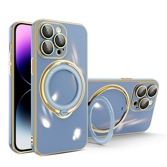 Dteck Invisible Stand Magnetic for iPhone 12 Case, Compatible with MagSafe, Rotatable Ring Holder Gold Plating TPU Shockproof Protective Case with Full Camera Lens Protector for iPhone 12,Blue