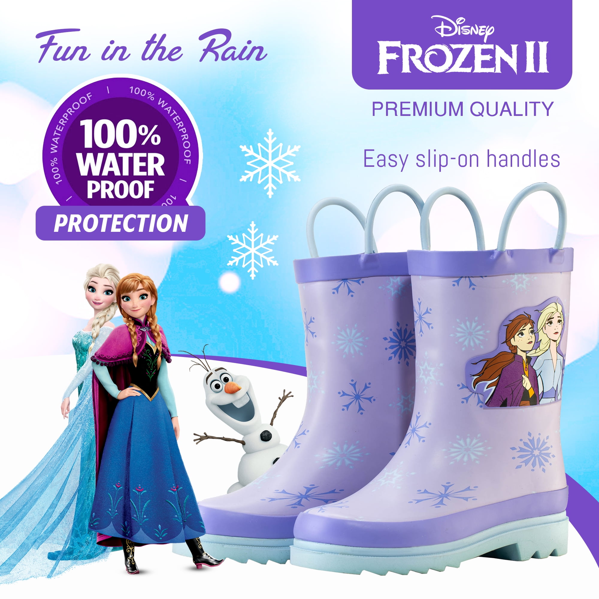 Disney Frozen 2 Girls Anna and Elsa Purple Rubber Easy-On Rain Boots&nbsp;- Size 12 Little Kid