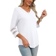 thumbnail image 2 of POENTAB Womens V Neck 3/4 Sleeve Tops Casual Dressy Blouse Loose Fit Curved Hem Tunic Tees Hollow Out Shirts White, 2 of 5