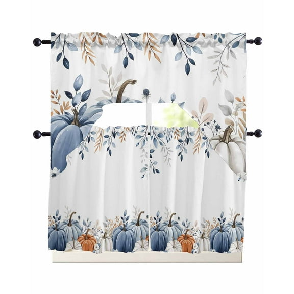 Fall Blue Pumpkin Kitchen Curtains Sets 24 Inch Length with Valance, Thanksgiving Autumn Eucalyptus Leaves Swag Valances and Tiers Curtain Set Drapes Swag Curtains for Living Room, Bathroom, Bedroom