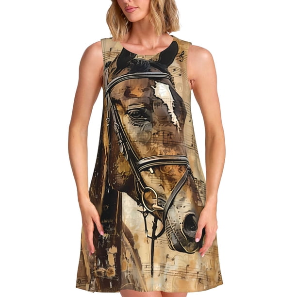 Easygdp Musical Horse Vintage Collage para Vestido Transpirable de Mujer, Vestido Suelto de Manga Corta con Pliegues y Bolsillos para el Verano