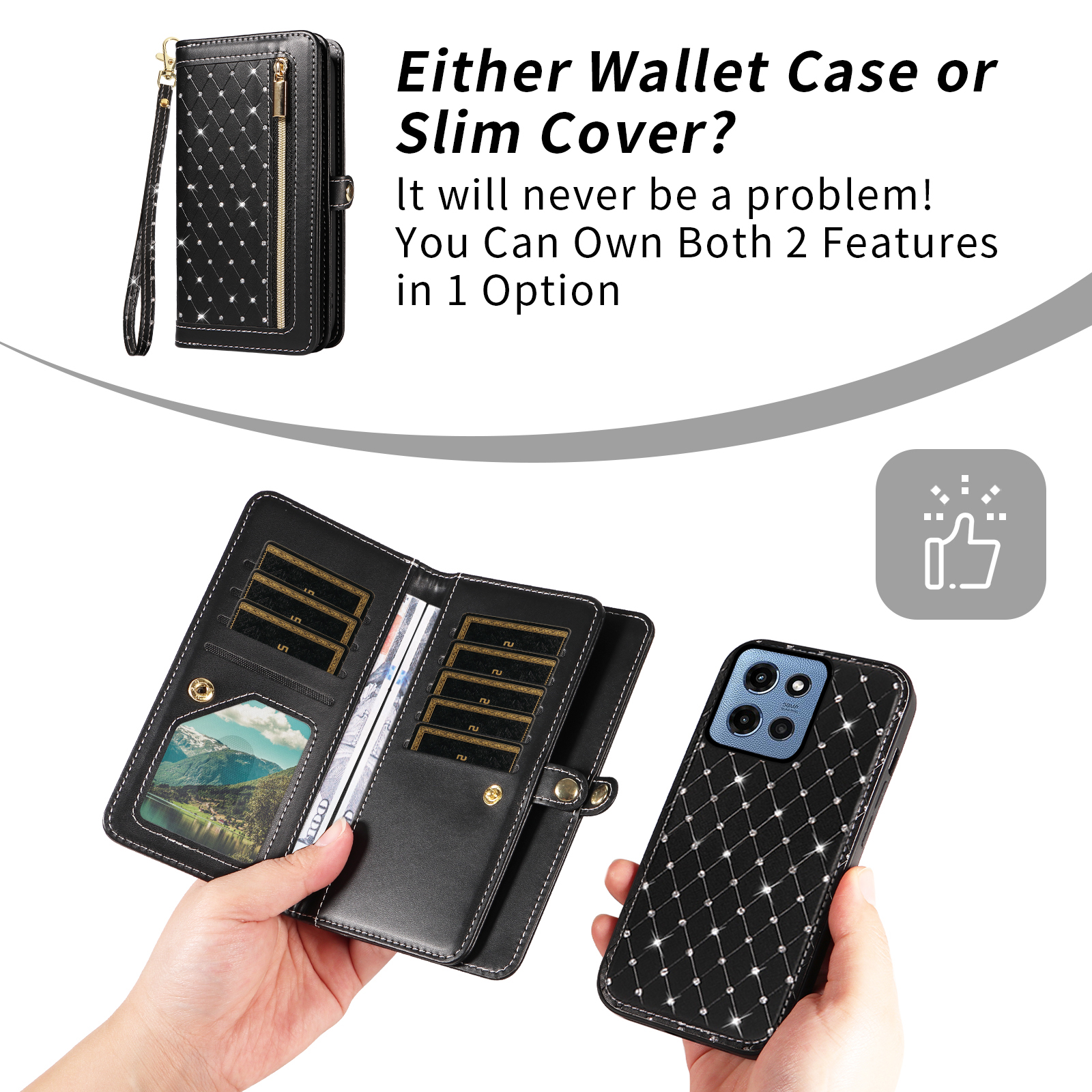 Asuwish Phone Case for Motorola Moto G 5G 2025 Zipper Wallet Detachable Cell Cover with Tempered Glass Screen Protector Crossbody Lanyard Strap Bling Glitter Flip Card Holder Slot G5G 5 G Women Black