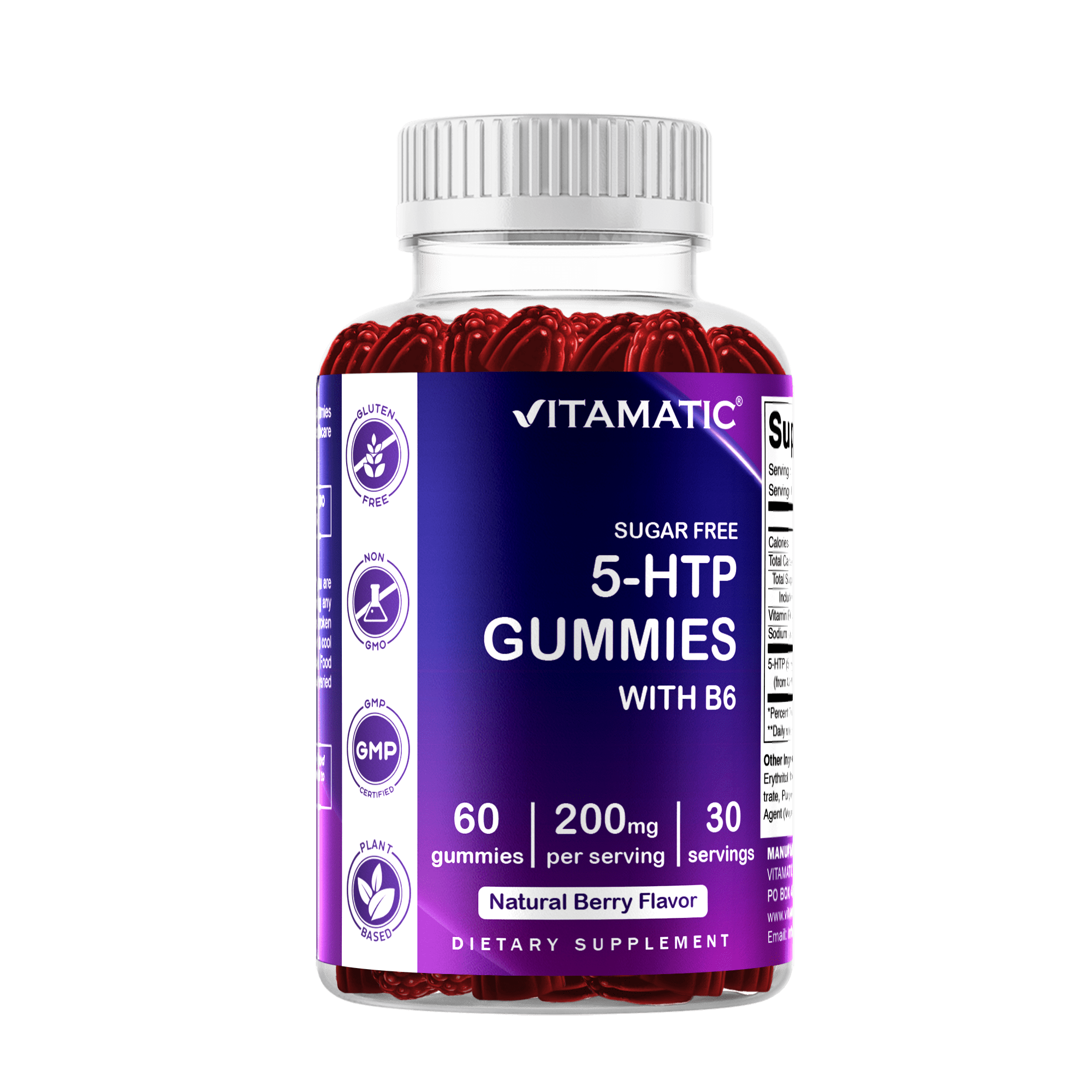 Vitamatic Sugar Free 5-HTP 200mg Gummies with B6 per Serving - 60 Pectin Based Gummes