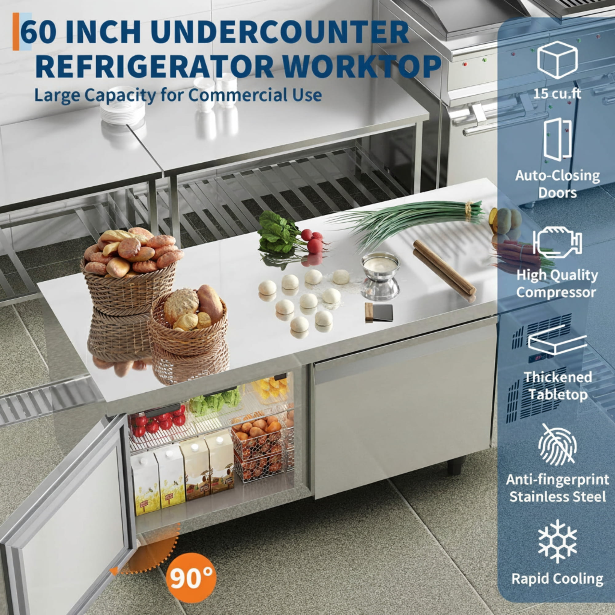 Garvee 60" Commercial Fridge, 15 Cu.ft Stainless Steel Undercounter Refrigerators with 2 Door and LED Display for Restaurant, Kitchen