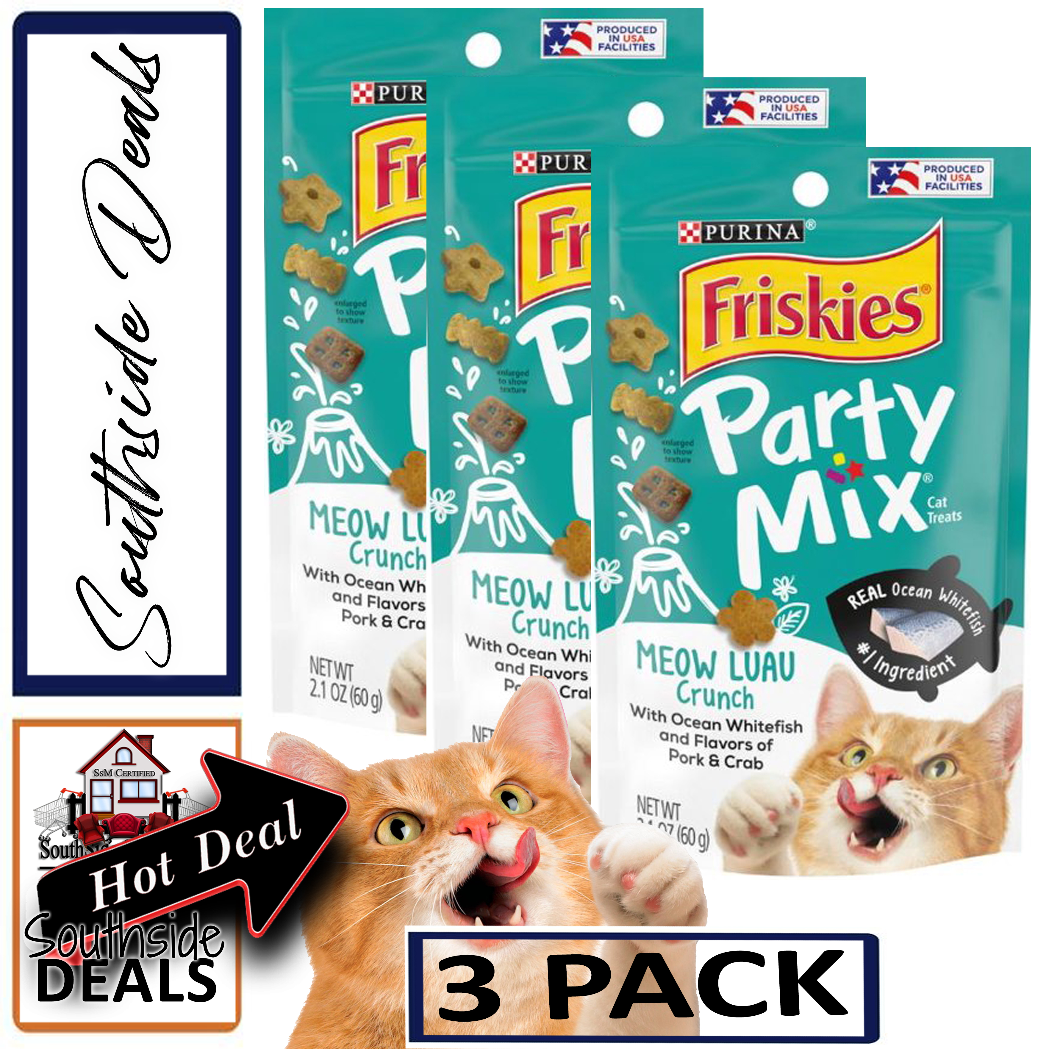 Friskies (3 Pack) Natural Cat Treats, Party Mix Meow Luau Crunch Flavor