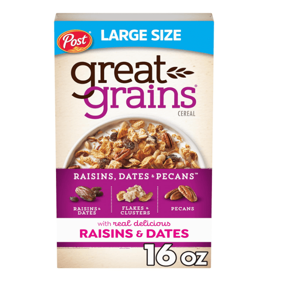 Great Grains Raisins Dates and Pecans Breakfast Cereal, Raisin Cereal with Sweet Dates and Granola Clusters, Non-GMO Project Verified, 16 OZ Box