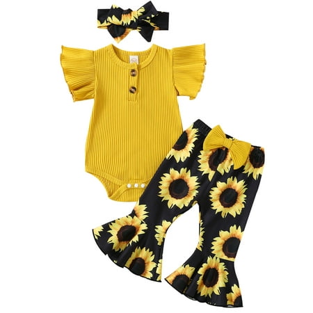 

Musuos 3 Pcs Baby Girl Short Sleeve Romper Tops Bow-knot Flared Pants Headband