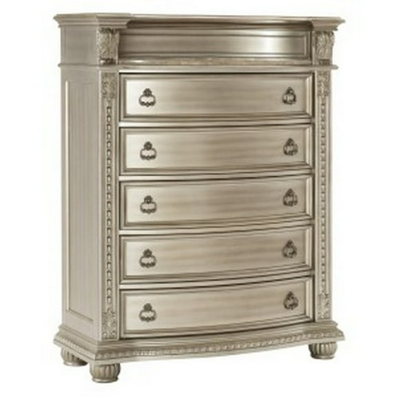 Benjara BM295561 58 in. Caitlin Tall Dresser with Marble Top - Leaf Carving, Silver Wood