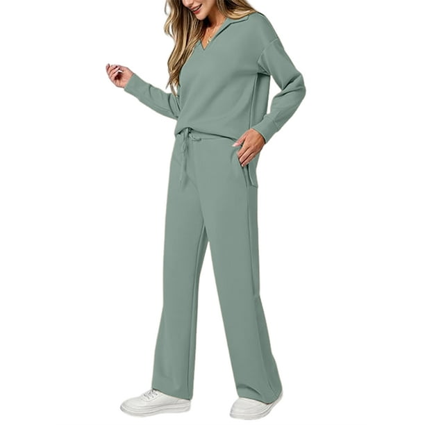 Conjuntos de Dos Piezas para Mujer, Moda de Otoño 2025, Pantalones Anchos, Conjunto de Estar por Casa, para Viajes y Vacaciones. Verde XL