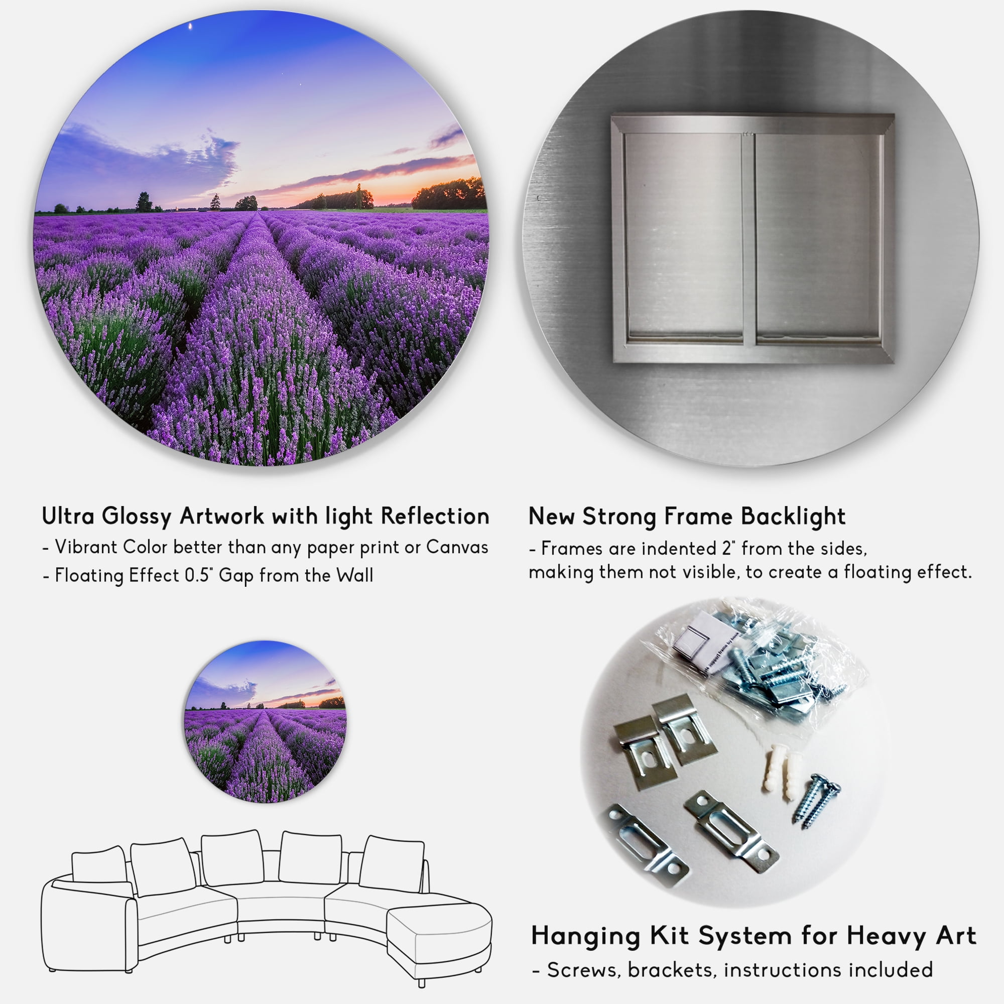 Designart 'Dramatic Clouds and Sunrise Over Lavender Field II' Farmhouse Circle Metal Wall Art 36x36 - Disc of 36