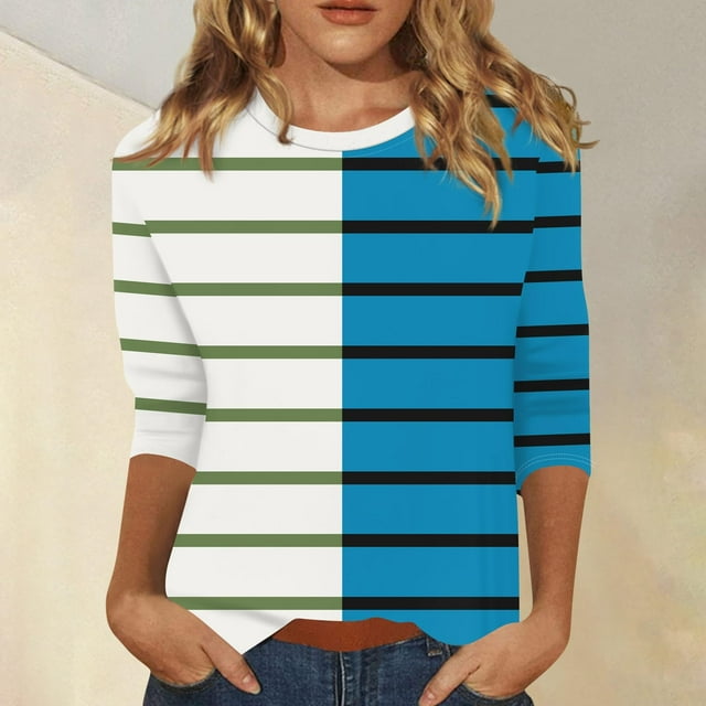 RXIRUCGD T-shirt à Rayures pour Femme à Col Ras du Cou à Manches 3/4, Bleu, Taille : S