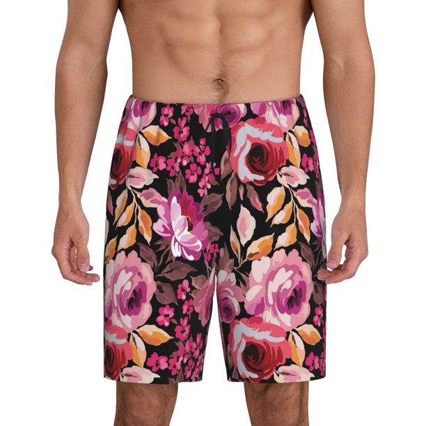 Balery Rose Flowers Pantalones cortos de pijama de punto de algodón para hombre con cinturilla y bolsillos-Small