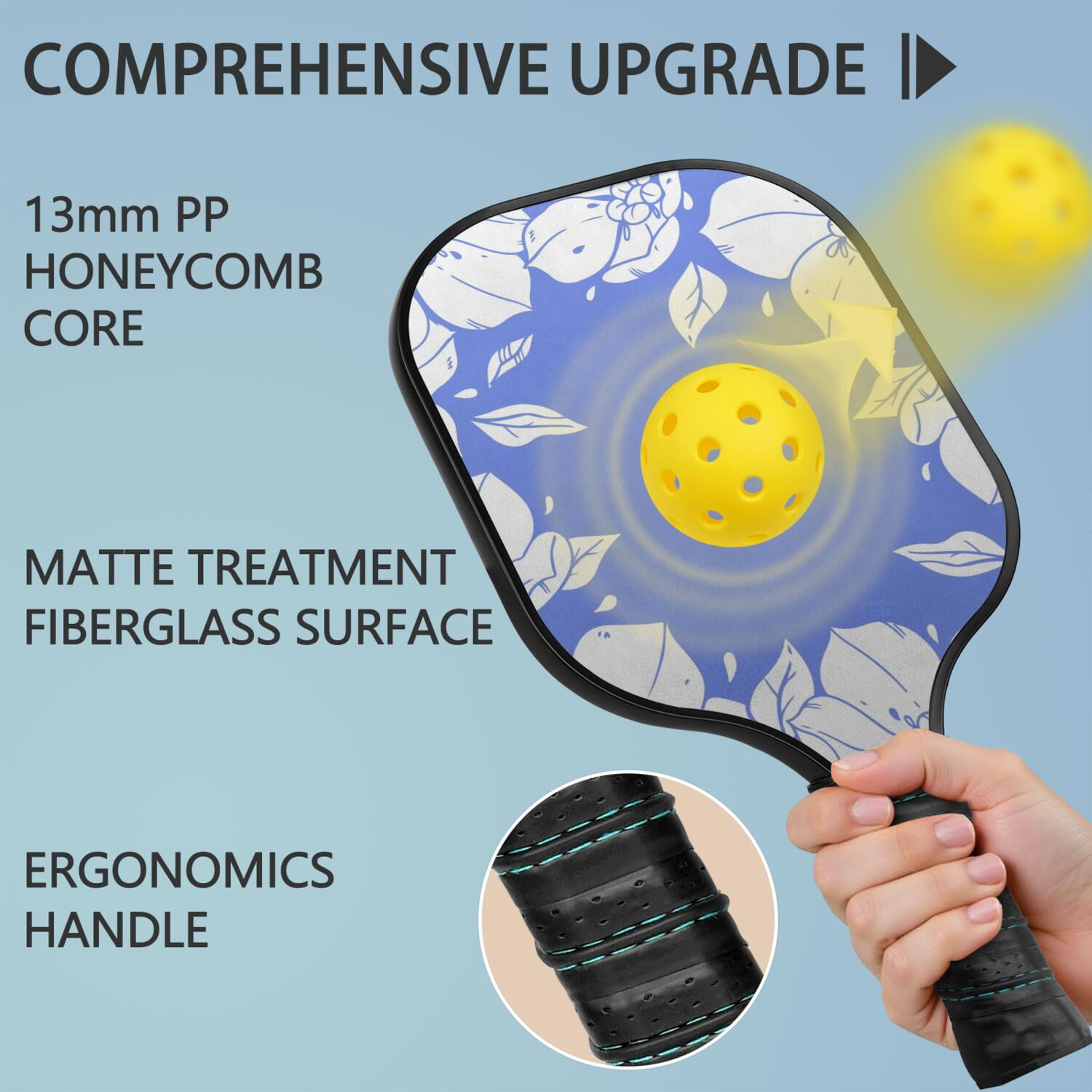 Pickleball Paddles Set Of 2, Fiberglass Surface, Spring Floral Print, 4 Balls & Bag