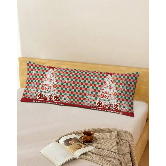 Merry Christmas Tree Throw Pillow Cover, Red Green Checkered Rectangle Decorative Pillow Case Protector Soft Cushion Cover Lumbar Pillowcase for Couch Sofa Bedroom Car Chair Decor 20x54 Inch