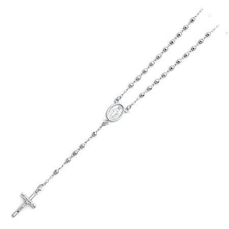 14k Beaded Crucifix - Ioka - 14K White Gold 3mm Crucifix Cross Pendant Charm Religious Catholic Rosary Beads Prayer Necklace - 18