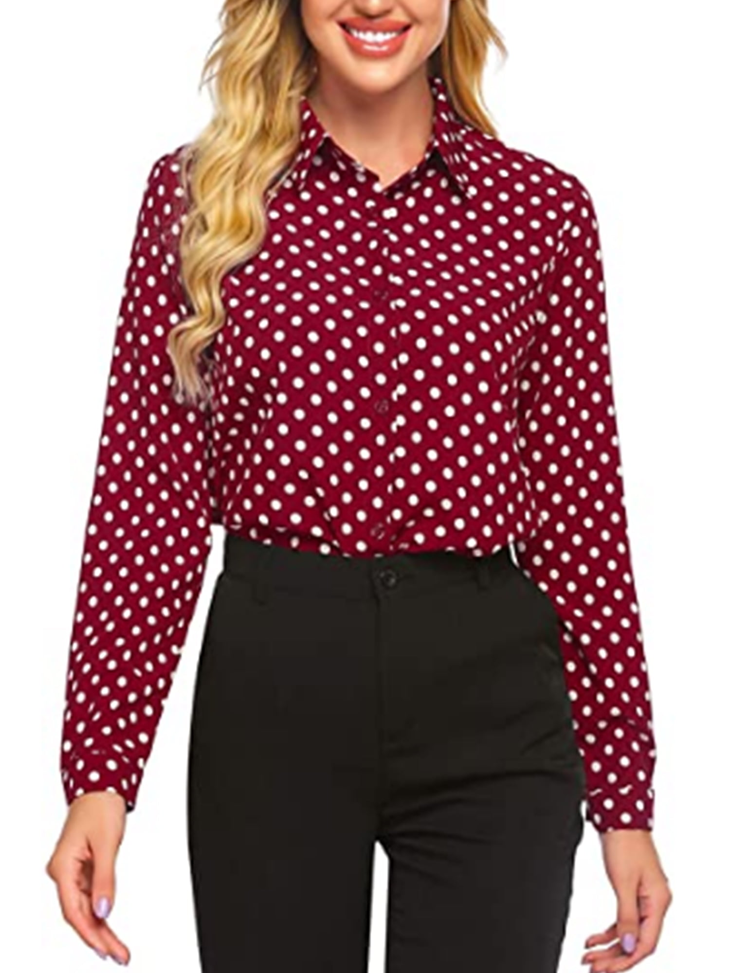 UK Womens Polka Dot Shirt 3/4 Sleeve Blouse Ladies Button Down Casual Party Tops 