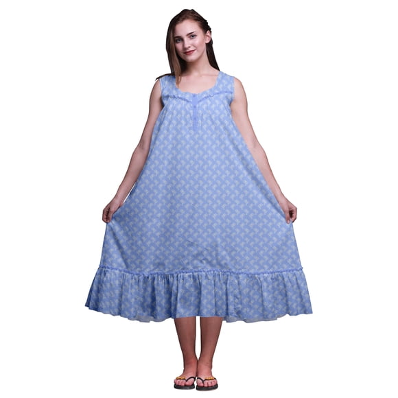 Bimba Lavender Blue5 Tree Dots & Palm Mid Calf Nightwear Ladies Cotton Printed Sleeveless Night Gown Maxi Dress X-Small