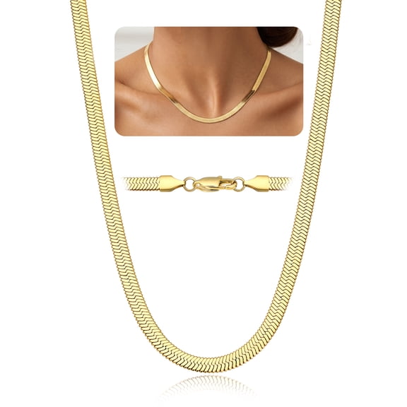 Bestyle Gold Plated Choker Necklace for Women, 5mm Flat Herringbone Snake Chain Necklace Jewelry for Everyday Wear Birthday Christmas