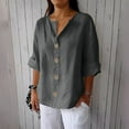 thumbnail image 2 of BangWanChi Women's New Solid Color V-Neck Three Quarter Sleeve Shirts Loose Cotton And Linen Top With Decorative Buttons, 2 of 6