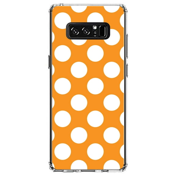 DistinctInk Clear Shockproof Hybrid Case for Samsung Galaxy Note 8 - TPU Bumper, Acrylic Back, Tempered Glass Screen Protector - White & Orange Polka Dots