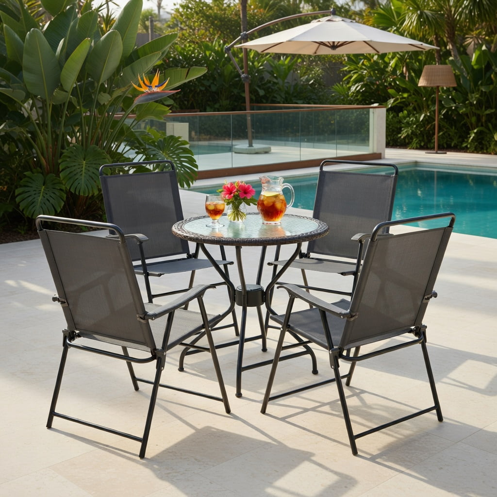 Hommoo 4-Pack Portable Outdoor Folding Chairs with Armrests, Heavy-Duty Steel Frame, Breathable Fabric, Compact Foldable Design for Patio, Garden & Balcony, Gray