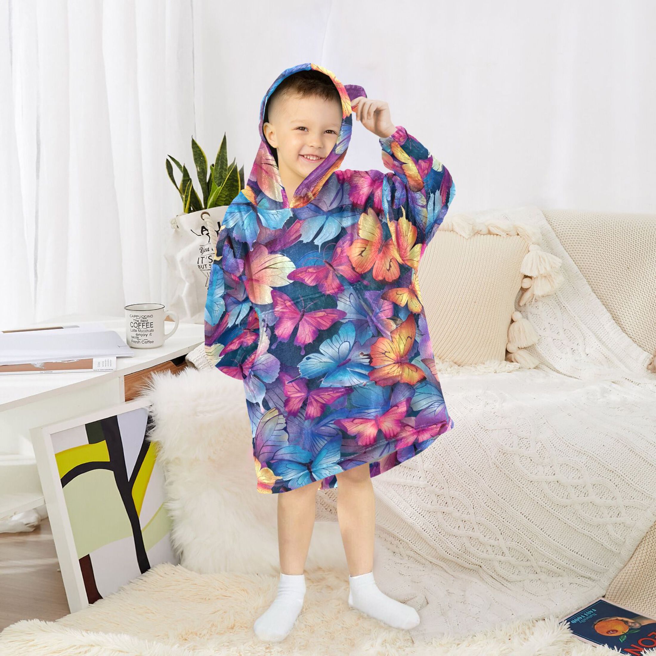 Dailycode Wearable Blanket Hoodie Oversized Sherpa Flannel Blankets with Pocket for 3-14 Year Old Vibrant Butterflies
