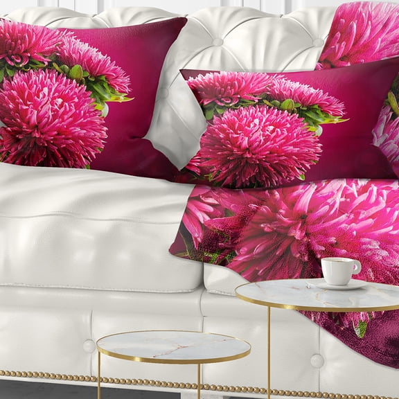 Designart Pink Flowers of Asters on Red - Flowers Throw Pillowwork - 12x20