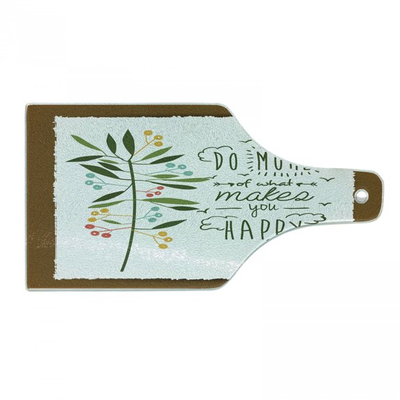 Saying Cutting Board, Progress Ideas Design Ideology Mindfulness Olive Fruits Flying Birds Leaf, Tempered Glass Cutting and Serving Board, Wine Bottle Shape, Forest Green Brown, by Ambesonne