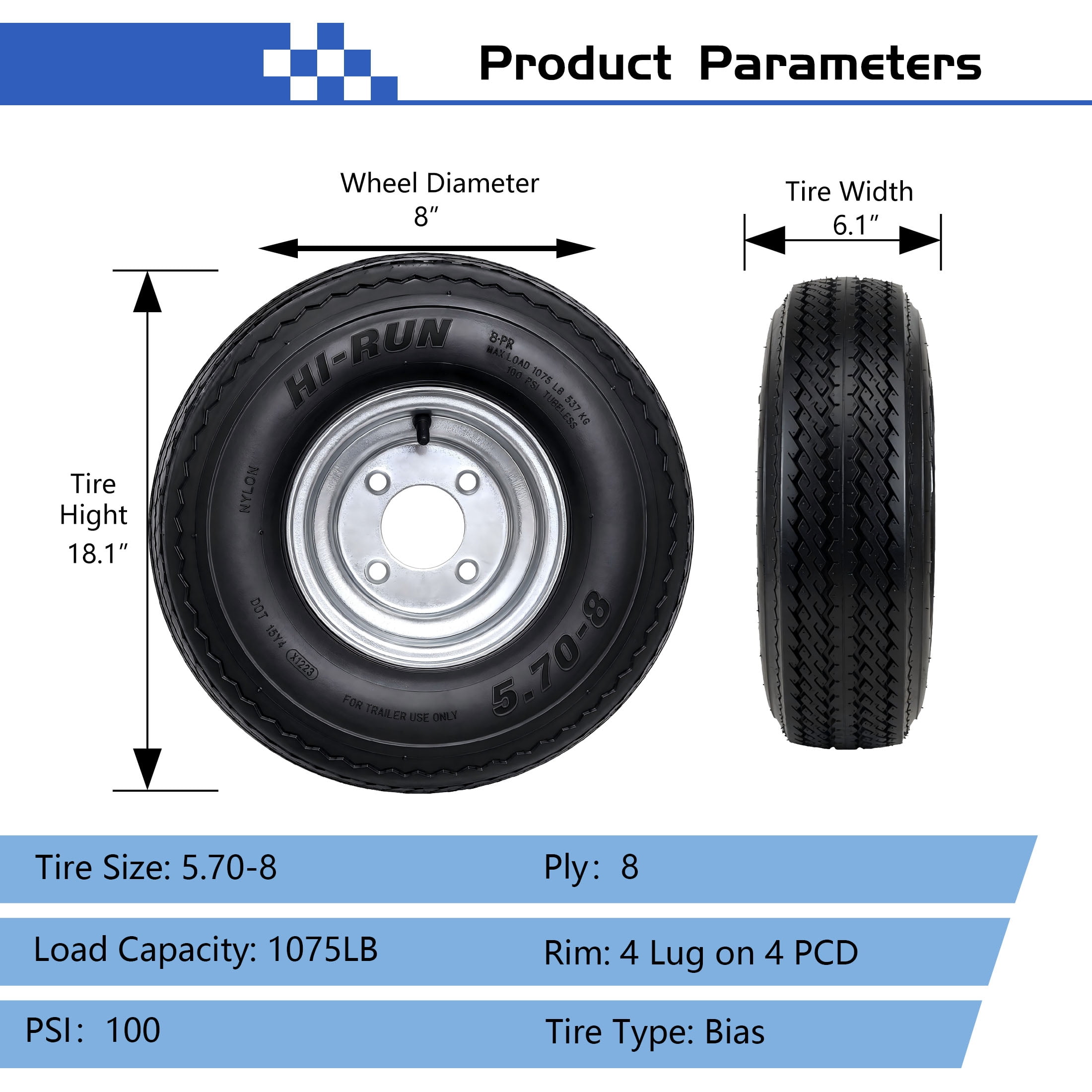 Hi-Run 2 Set SU02 5.70-8 8PR Boat Trailer Tire and 4-Lug Galvanized Wheel Assembly