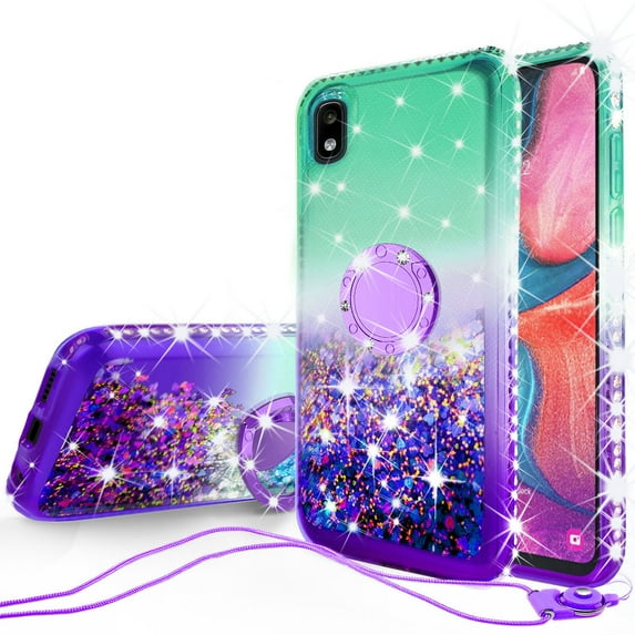 SOGA Cover Compatible for Samsung Galaxy A10e Case, Liquid Floating Quicksand Case with Diamond Ring Stand for Magnetic Car Mount - Purple on Green