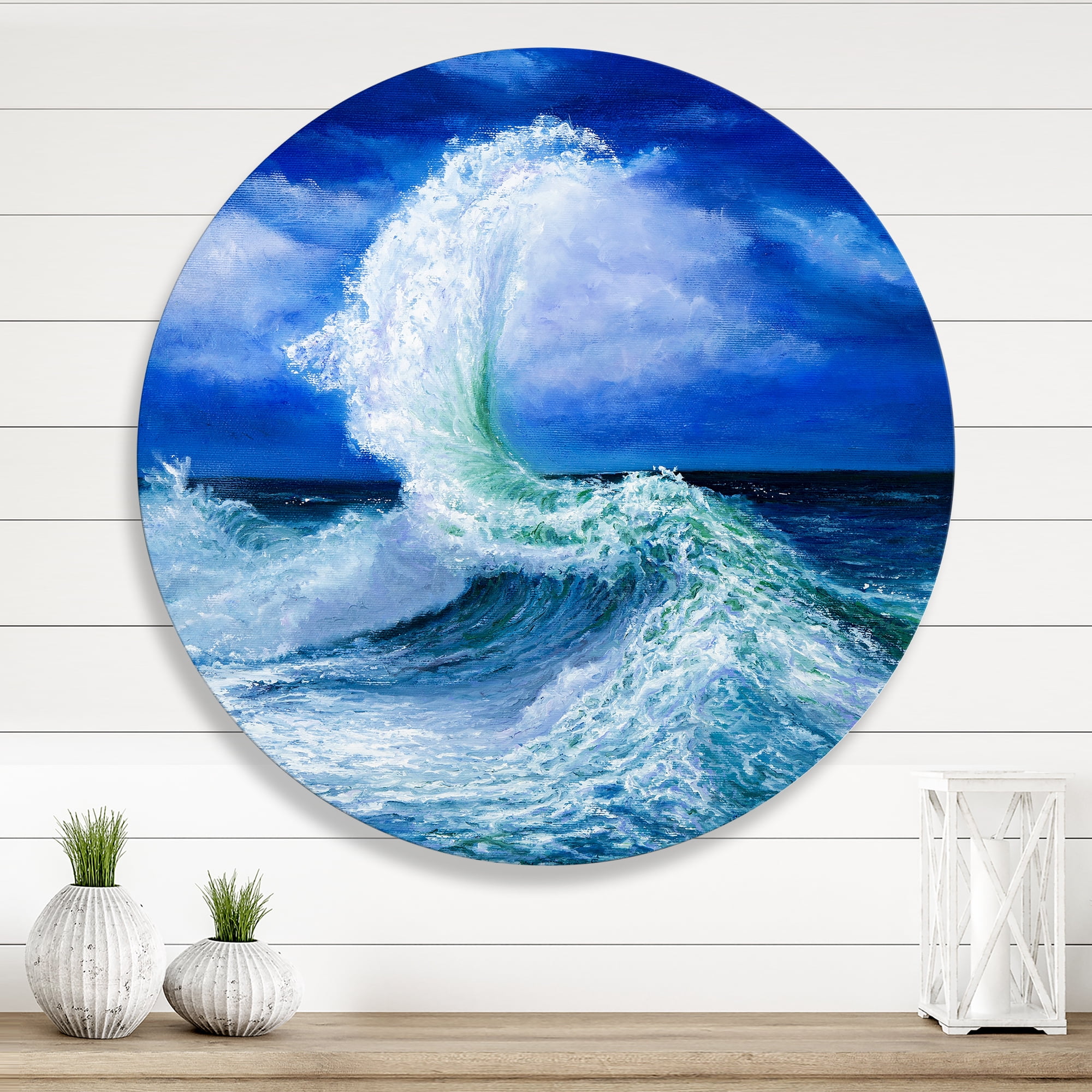 Designart 'Waves Breaking During Wild Blue Ocean Tide' Nautical & Coastal Circle Metal Wall Art 23x23 - Disc of 23