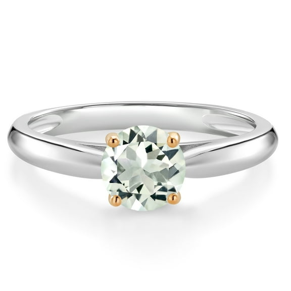 Gem Stone King 925 Sterling Silver with 10K Yellow Gold Green Prasiolite Solitaire Engagement Ring for Women (0.80 Cttw, Gemstone Birthstone, Round 6MM, Available in Size 5, 6, 7, 8, 9)