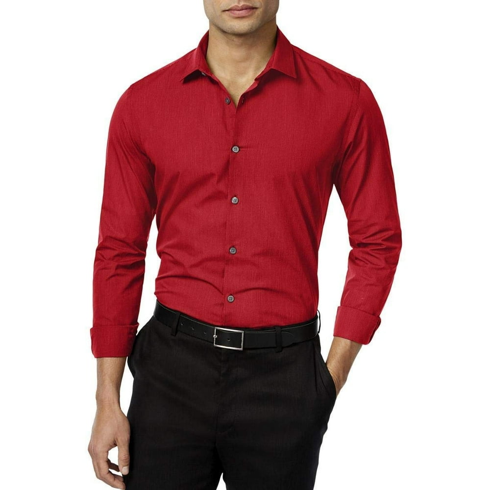 Alfani Alfani Dark Ruby Mens Small Striped Button Down Shirt