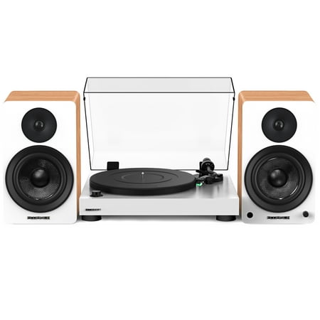 Fluance RT81 Elite High Fidelity Vinyl Turntable (White) with Ai61 Powered 6.5 Stereo Bookshelf Speakers (Lucky Bamboo) Diamond Stylus Belt Drive Built-in Preamp 90W Class D Amplifier Bluetooth