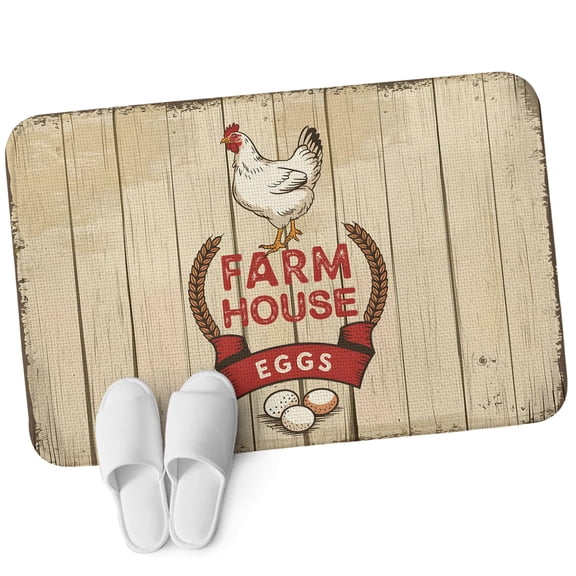 Front Door Mat 15.7"x23.6", Farmhouse Hen Non Slip Backing & Low Profile Doormats, Absorbent Muddy Dirt Trapper Door Mats for Front Back Door Entryway All-Weather Vintage Country Eggs Chicken Wooden