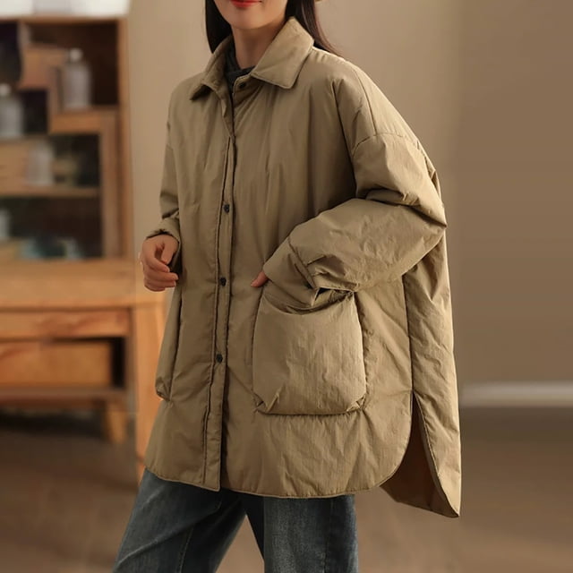 UPPADA Cropped Puffer Jacket Women Long Sleeve Stand Collar Padded Coats Winter Warm Zip Up Padded Short Quilted Jackets Down Coat with Pockets,Plus Size Winter Clothes for Women Khaki,XL