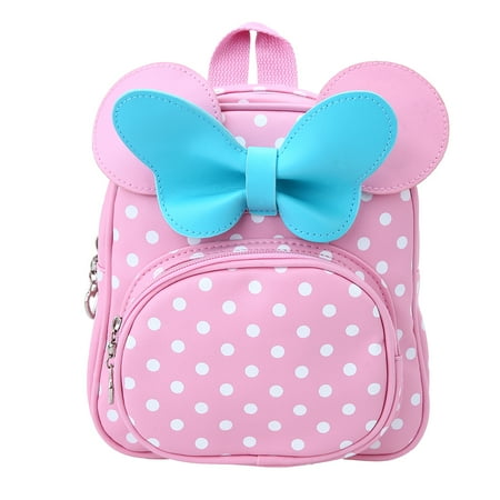 - Kids Girl School Backpack Waterproof PU Cute Backpack Children Kindergarten Primary Schoolbags Cartoon Bow Tie Dots Pink