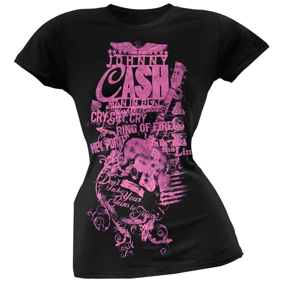 Johnny Cash Women's Juniors Top Hits Tribute Collage Short Sleeve T Shirt