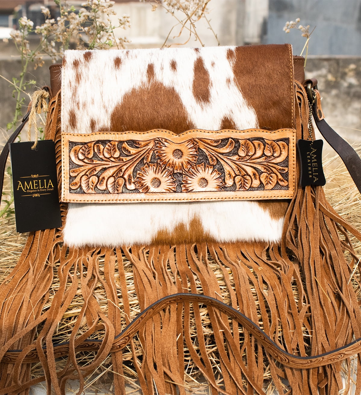 Fringe Purse Western Purses for Women Crossbody Bag | Leather Hand-Tooled Western Bag (Tan)