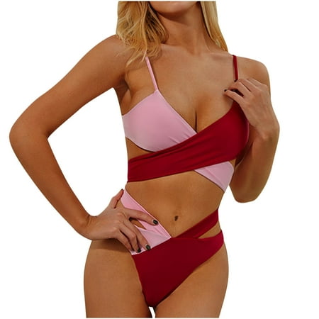 OSFVNOXV Womens Two Piece Swimsuits Color Blocked Bathing Suits Color Blocked Push Up Bra and Cross Waist Brief Swimwear Clearance